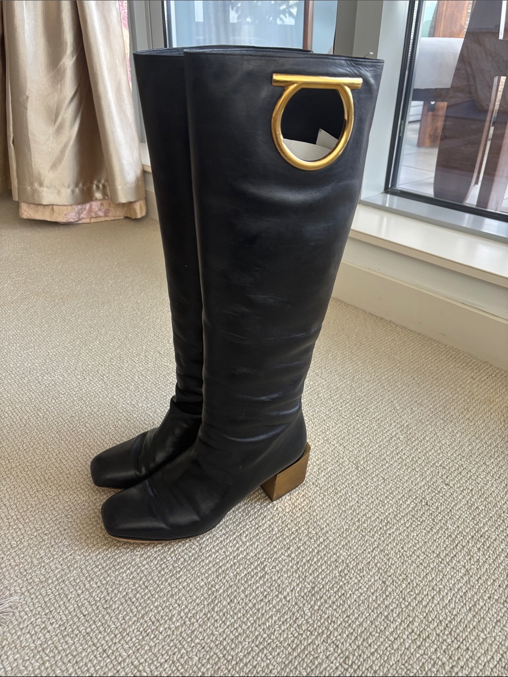 Salvatore Ferragamo Black Leather Knee-High Boots with Gold Ring Accent